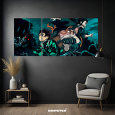 Tanjiro and Nezuko wall art poster by Dripster displayed in modern living room with dark gray walls
